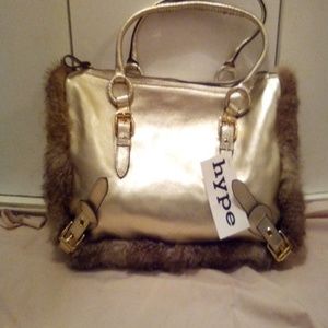 Hype gold handbag with rabbit fur trim